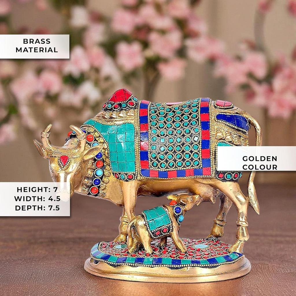 Beautiful Lucky Kamdhenu Cow with Calf Brass Sculpture Home Décor, Height :7 Inch