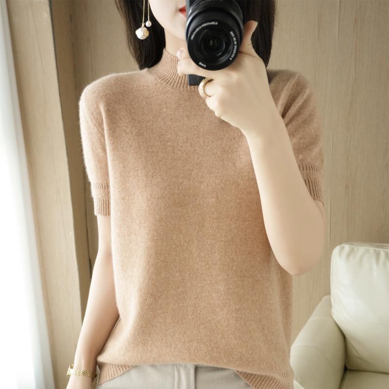 Women's Wool Blend Half High Neck Short Sleeve Sweater