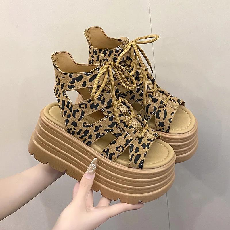 Mädchen 8cm Plateau Sandalen Klobiger Absatz Leopard Designer Schuhe Damen Keilpumps Tacones Sandalias Sommer Coole Stiefel