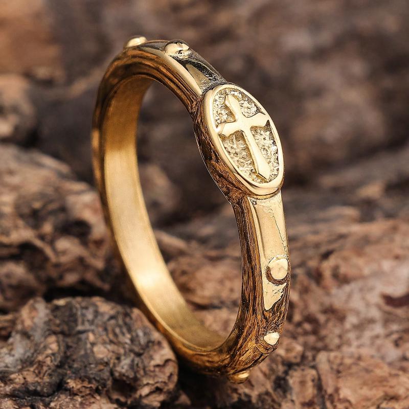 Vintage Gold Color Rosary Beads Catholic Religious Wedding Band Ring Cross Rosary Praying Ring For Women Men