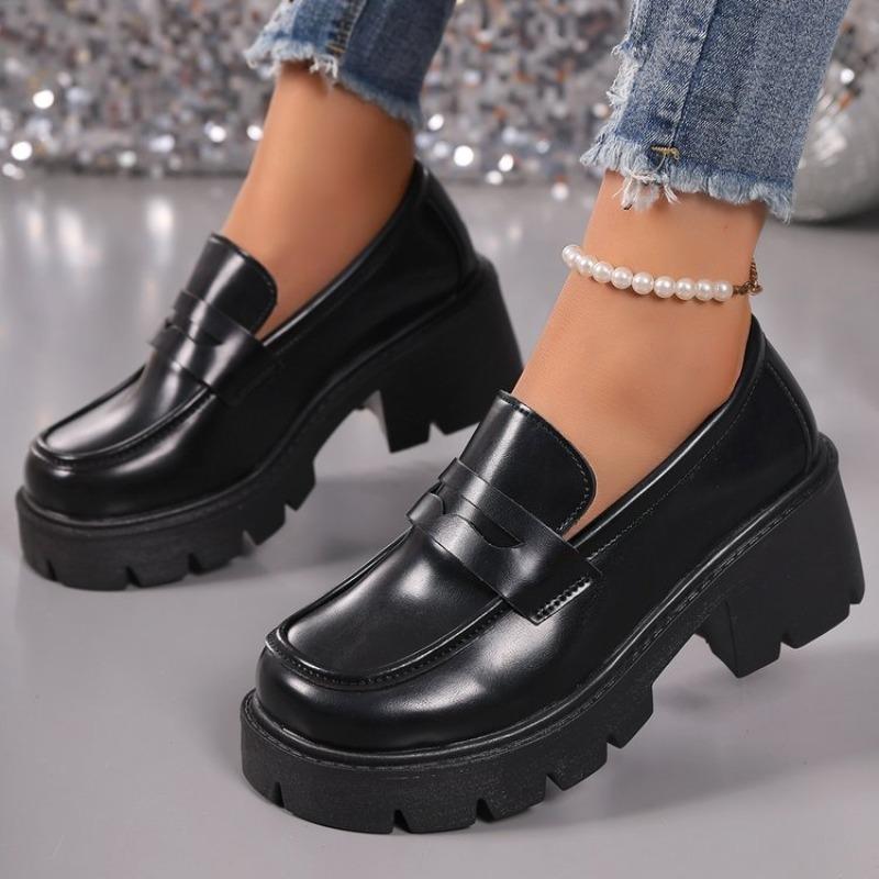 New Thick-soled Leather Shoes, One-foot Thick-heeled Shoes, Round-toed Mid-heeled Women's Shoes