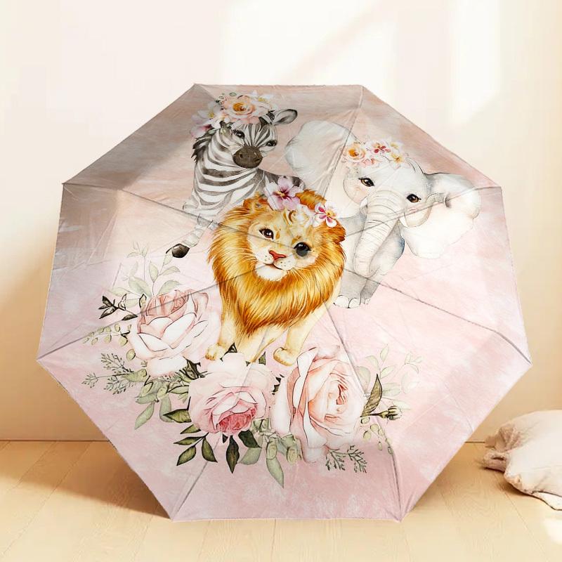 1pc Zebra Elephant Automatic Folding Umbrella, Heavy Duty 8 Rib Iron Frame,  Suitable for Travel, Daily Use, Birthday, Decor Gift m0104043