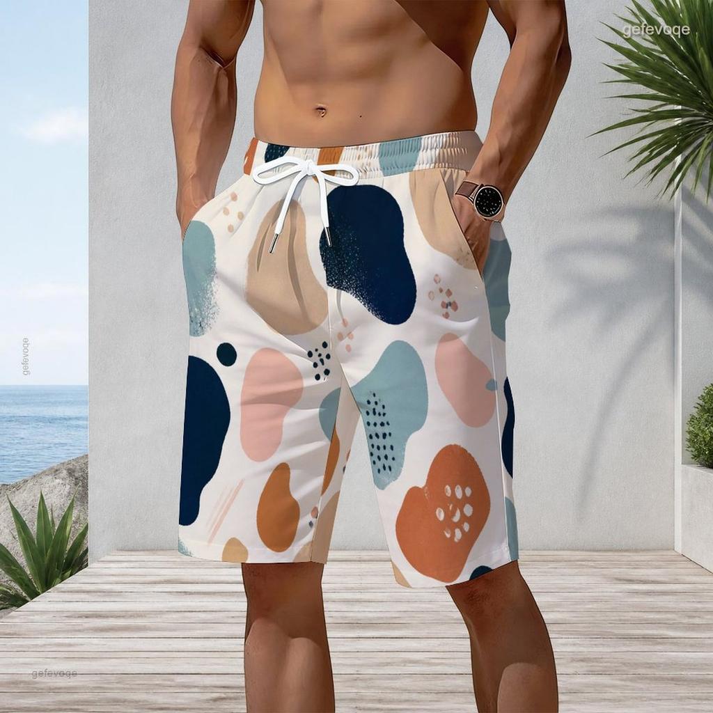 Men Plus Size Colorful Printed Beach Shorts Drawstring Waist Side Pockets Straight Leg