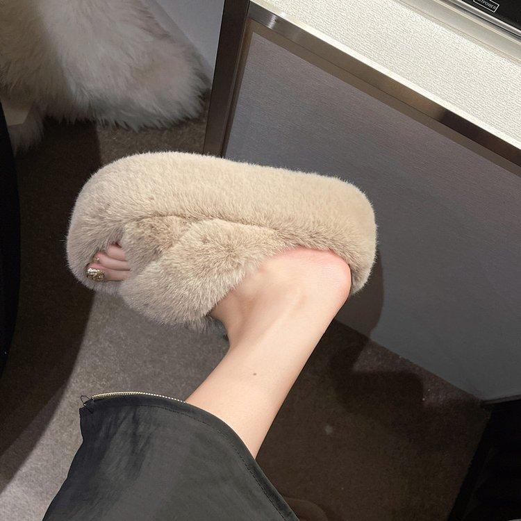 7CM large size thick-soled fluffy slippers for women's outer wear 2025 autumn new models to increase the height of a boy high-heeled outer wear cotto