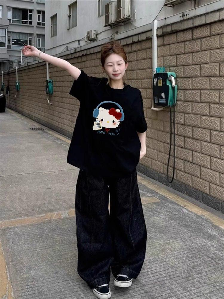 Women's Black Pure Cotton Loose-Fit Short-Sleeve T-Shirt - High Street Trend, Summer 2026, Plus Size 300 Jin