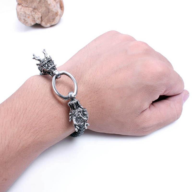 Hip Hop Leather Bracelet Men Minimalist Vintage Dragon Totem Metal Wristband Stylish Fierce Accessory