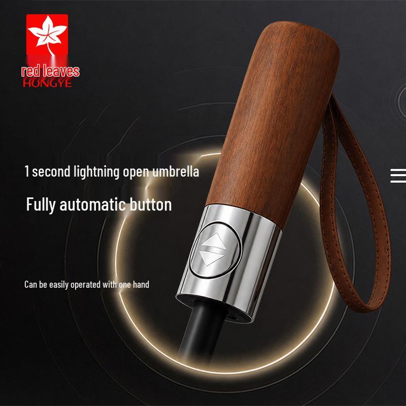 Red Leaf Dual-Use Sun & Rain Umbrella with Solid Wood Handle, Black Glue UV Protection, Large Size for Men & Women