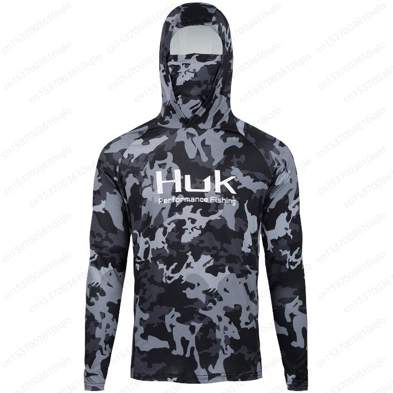 HUK Fishing Shirts Mask Neck Hoodie Clothing Men Long Sleeve Fishing Clothes UV Protection Anti Mosquito Fishing Jersey