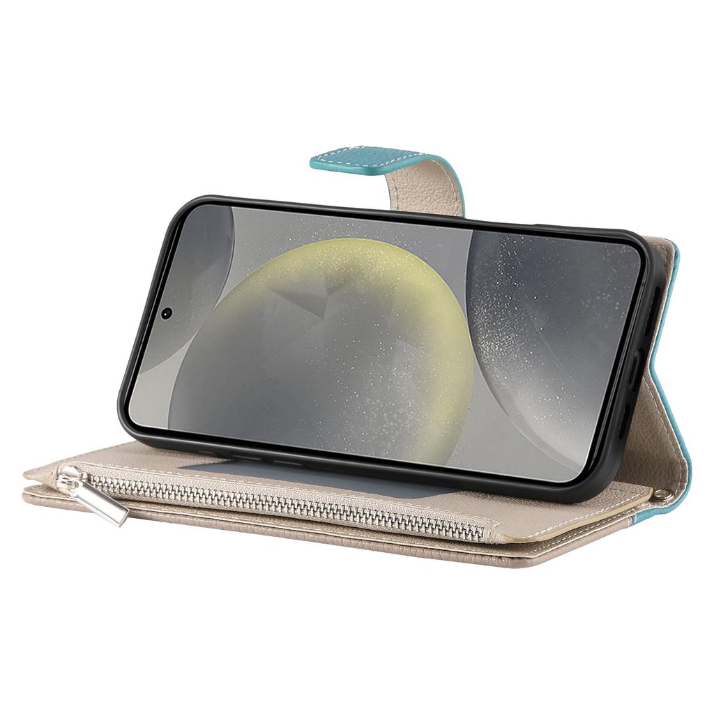 Pro pouzdro Samsung Galaxy S25 FE Kožená vyklápěcí peněženka na zip s barevným prošíváním a popruhy