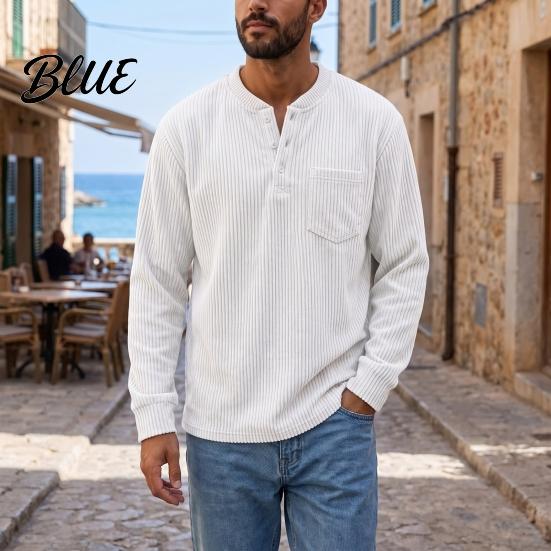 Versatile Ribbed Cuff Pullover Men Corduroy Shirt, Long Sleeve Button Collar with Chest Pocket, Layering Shirts for Loose Fit Textured Sweatshirt Fall