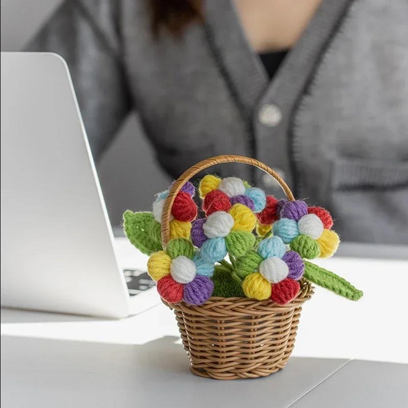 Ghiveci drăguț croșetat  Flori artificiale creative  Plante țesute manual  Flori tricotate finite  Decorațiune birou desktop