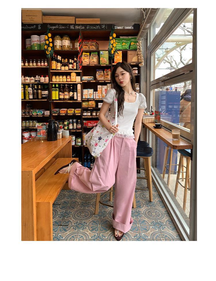 Interpret Beauty Summer 2025 Sweet Lace Trim Slimming Square Neck Short Sleeve T-Shirt S5012