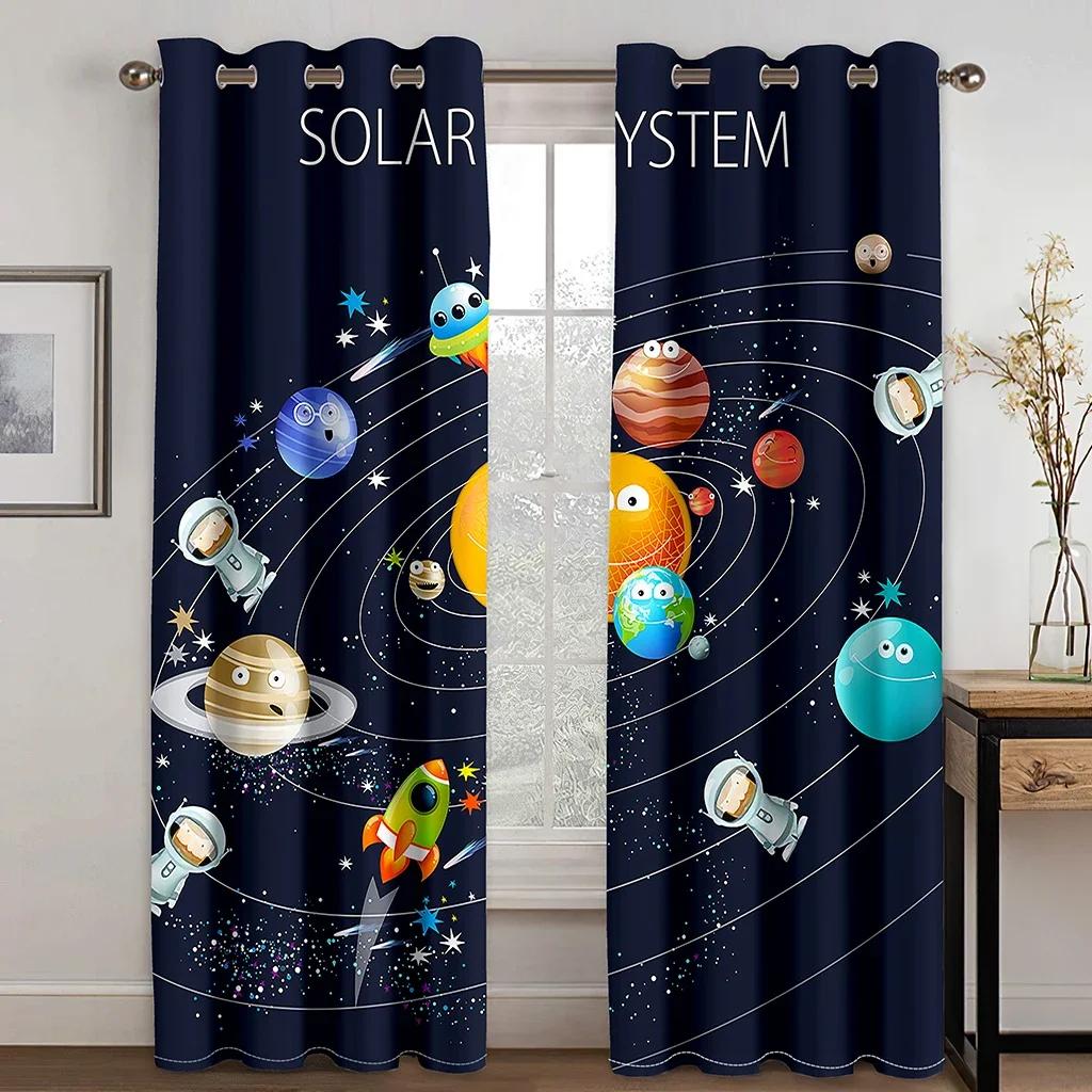 3D-Kinder-Cartoon-Astronauten im Weltraum, Sterne und das Universum, 2-teilig, Sonnenschutzvorhang für Wohnzimmer und Schlafzimmer