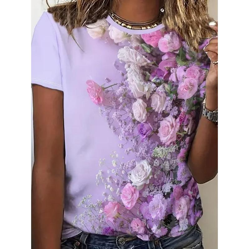 Summer Casual Style Round Neck Pullover Short Sleeved Top with 3D Floral Pattern Printed Women's T-shirts