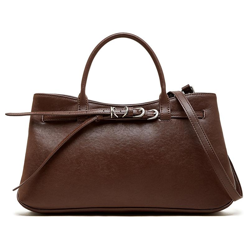 Genuine Leather: Niche Hand-held Women's Bag, Retro and Simple Belt Buckle Briefcase, Single-shoulder Crossbody Bag