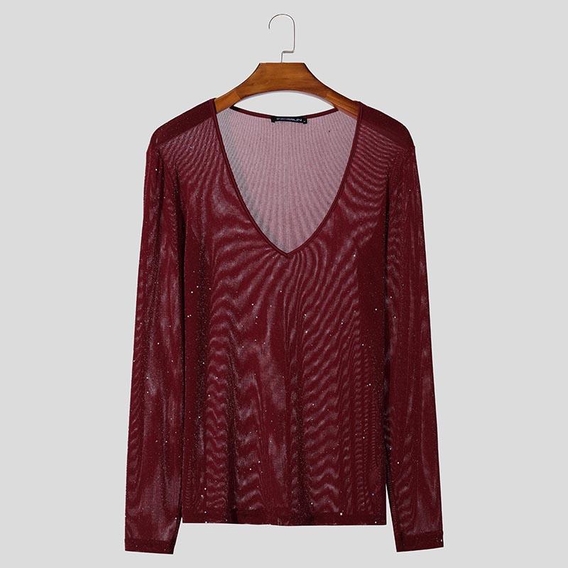 

INCERUN Мужские футболки с глубоким V-образным вырезом и длинным рукавом из сетки, прозрачные футболки 2XL красный