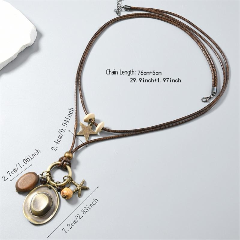 Western Styles Long Chain Necklace Artisanal Crafted Wax Cord Alloy Pendant Wooden Bead Accents Retro Fashion Accessory