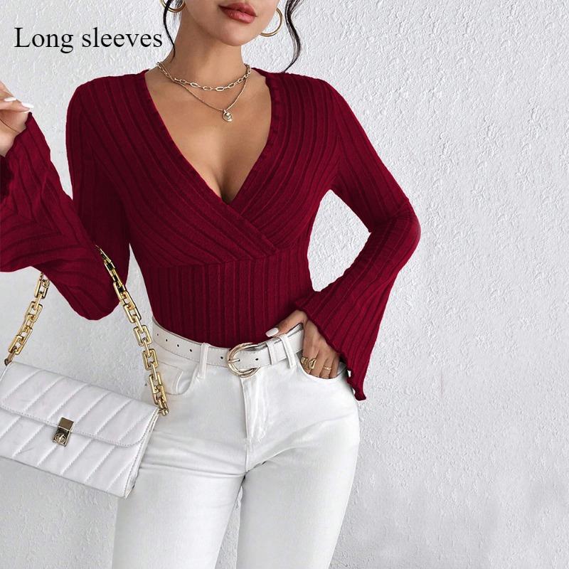 2026 New Women's Long-sleeved V-neck Flared Sleeve Wine Red T-shirt Autumn and Winter Slim-fit Base Shirt Top