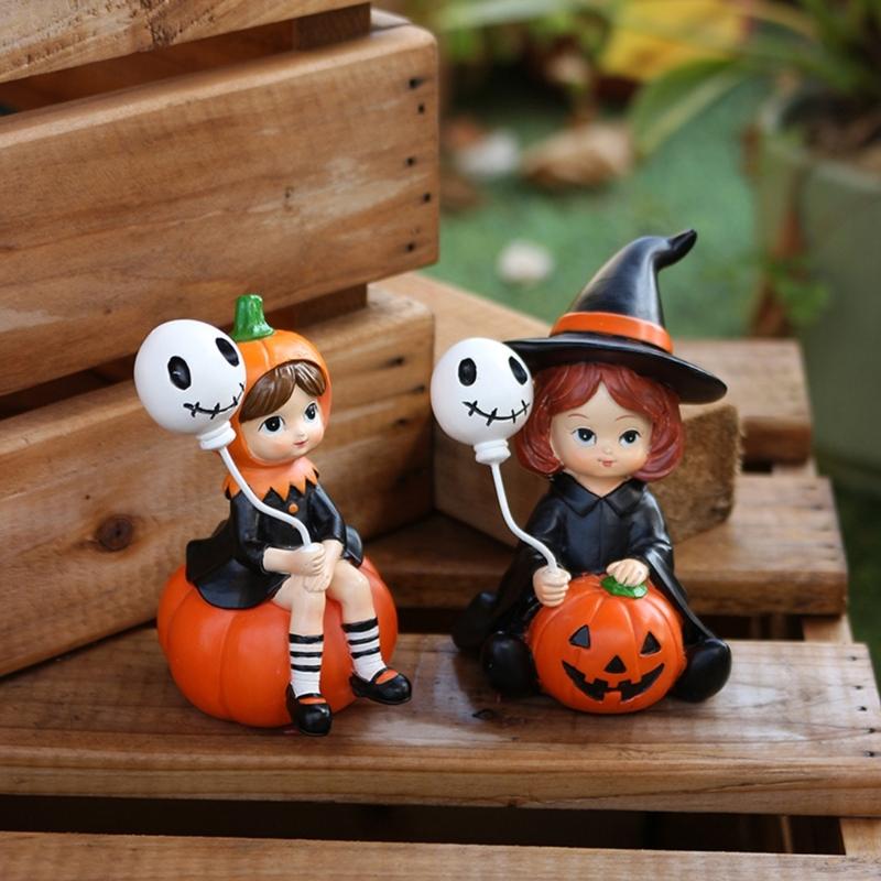 2Pcs Halloween Decors Handcrafted Witch Holding Ghostly Balloon Resins Figurines Ornaments For Home Festives Display