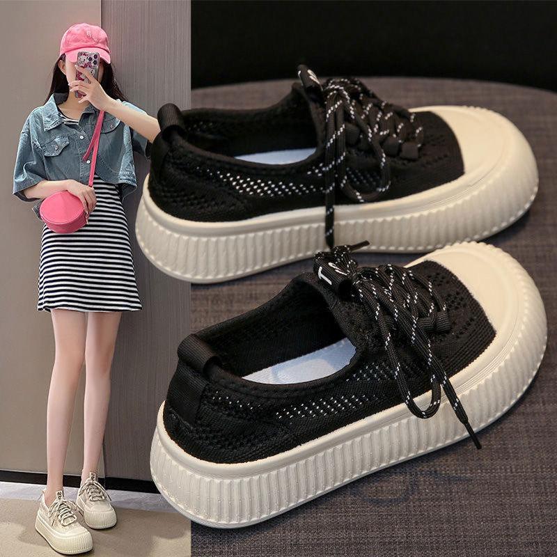 Women's shoes 2025 spring and summer breathable new mesh mesh shoes thick-soled one-pedal fly-woven shoes thin biscuits canvas shoes