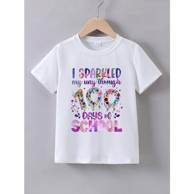 Europäische Größen Mädchen Sommer Kurzarm-T-Shirt mit dem Aufdruck Shining für 100 Tage in der Schule