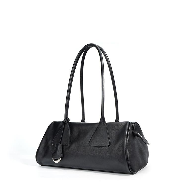 Women's Vintage Waxed Genuine Leather Underarm Bag, Long Cylinder Commuter Shoulder Bag, Baguette Pillow Handbag