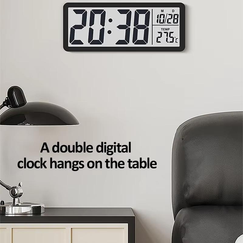 LCD Digital Wall Clock with Time Temperature Humidity and Date Display USB Cable 12/24H Alarm Clock for Living Room