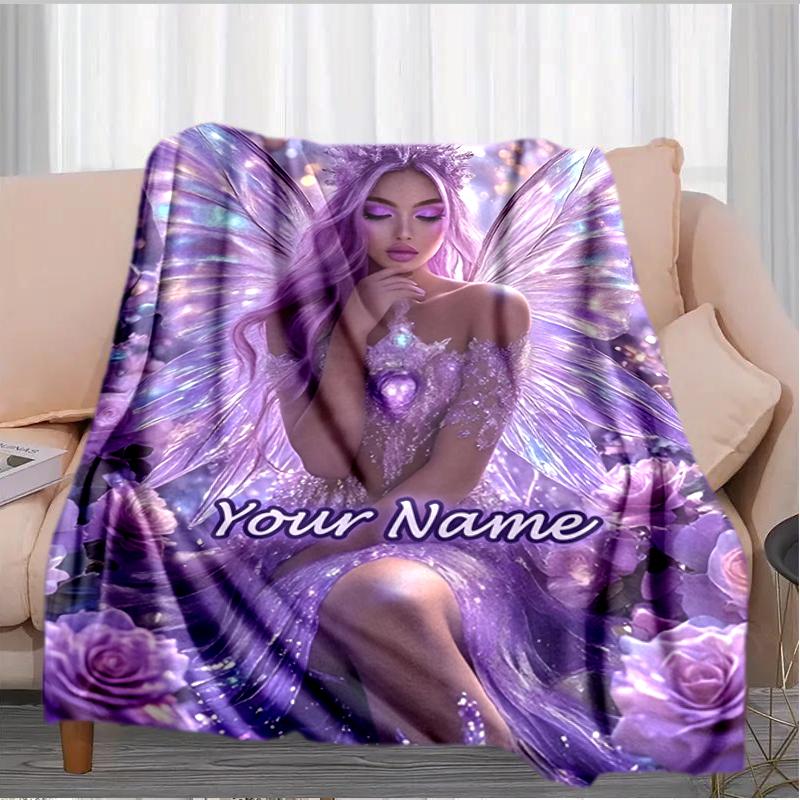 1PC Custom Name Purple Fairy Fantasy flannel blanket versatile,all-season throw suitable for the living room,bedroom,camping,travel,and gift