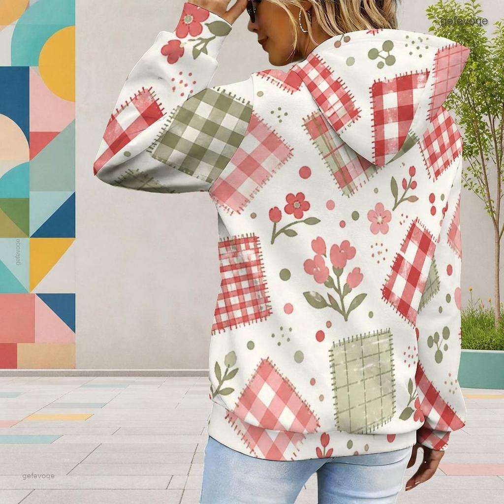 Women Plus Size Abstract Geometric Printed Long Sleeve Drawstring Hoodie Kangaroo Pocket Pullover