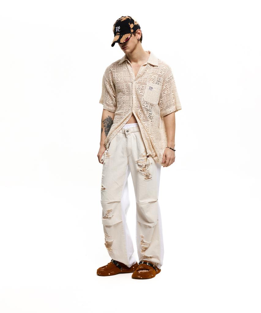 Aleseuseussi Layerd Destroyed Denim Pants - Ivory/White