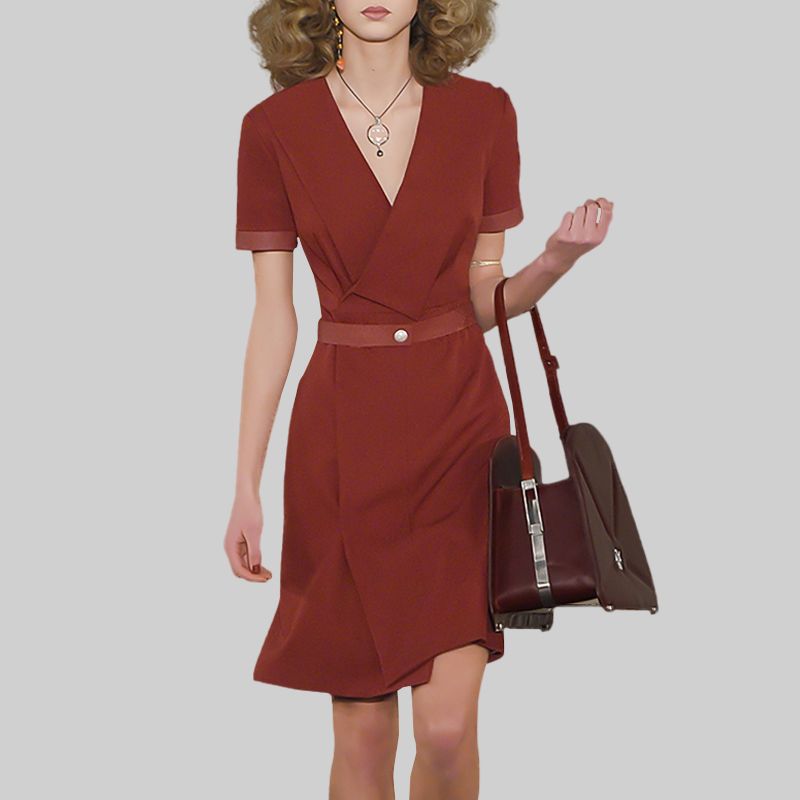 

Нишевый стиль V-образный вырез летнее платье миди с завышенной талией приталенного кроя с принтом Wine red- S