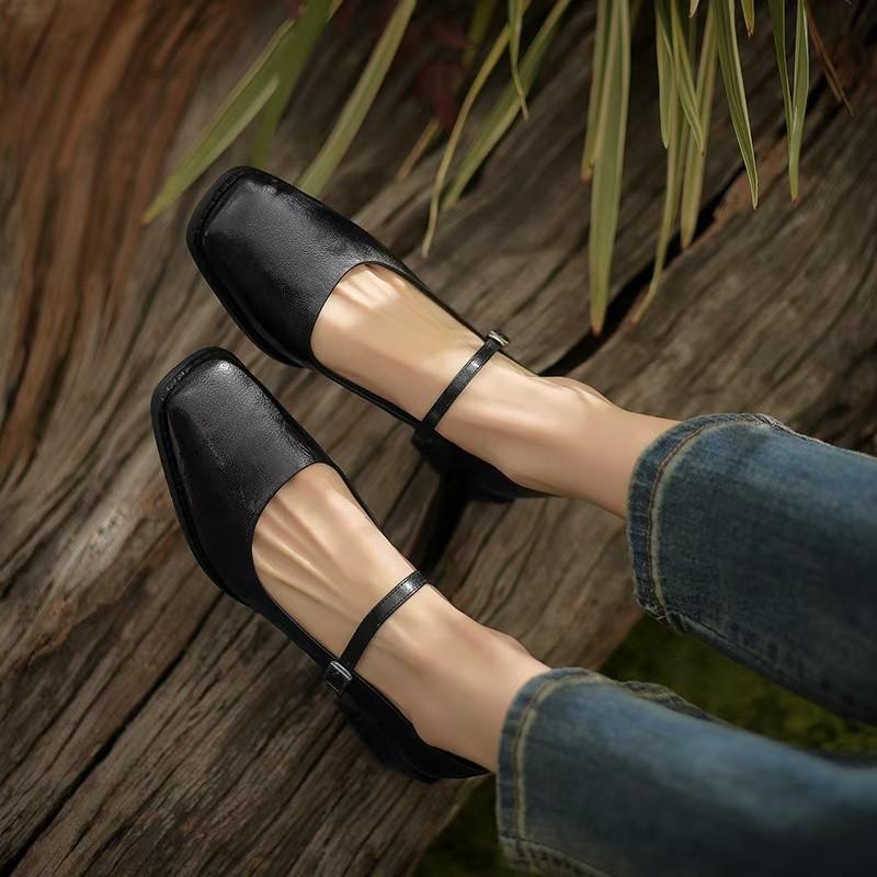 Women's Coarse Heel Shoes Autumn New Square Head Shallow Mouth Soft Sole Anti-slip Wear-resistant Low-top Shoes