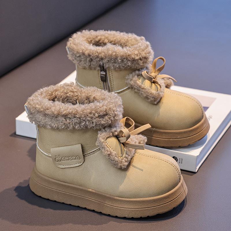 

Girls Winter 2025 Bowknot Snow Boots, Velvet-Lined, Warm, Fashionable Short Boots for Toddlers & Kids, Furry Cotton Design. 26 бежевий