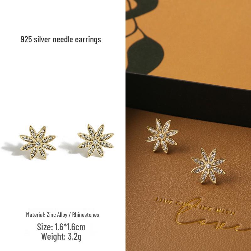 Korean Gold Rhinestone Flower Snowflake Earrings with 925 Silver Needle