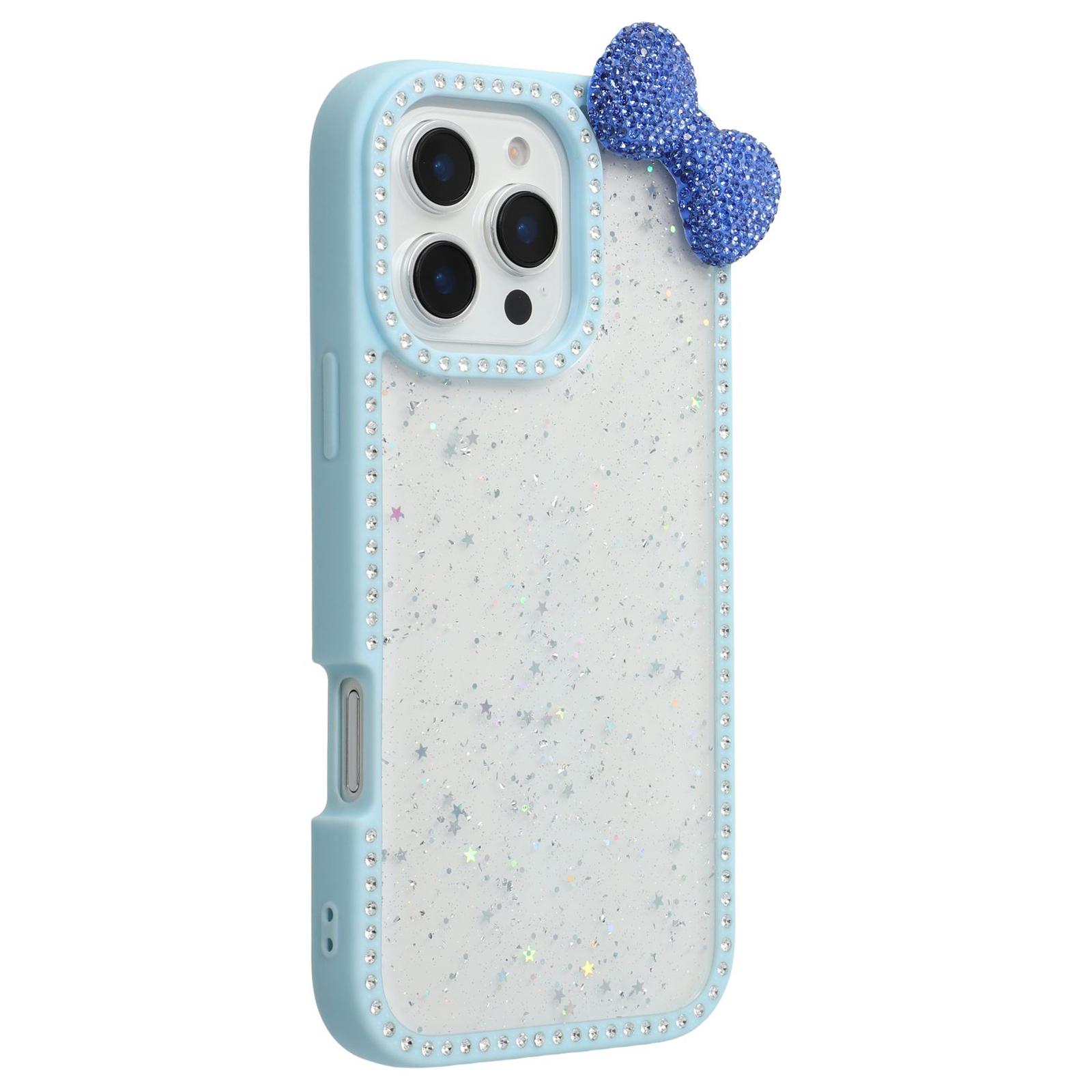 

For iPhone 16 Pro Max Case Star Epoxy Design TPU+PC Phone Cover with Rhinestones/Bow Tie Decor Blue