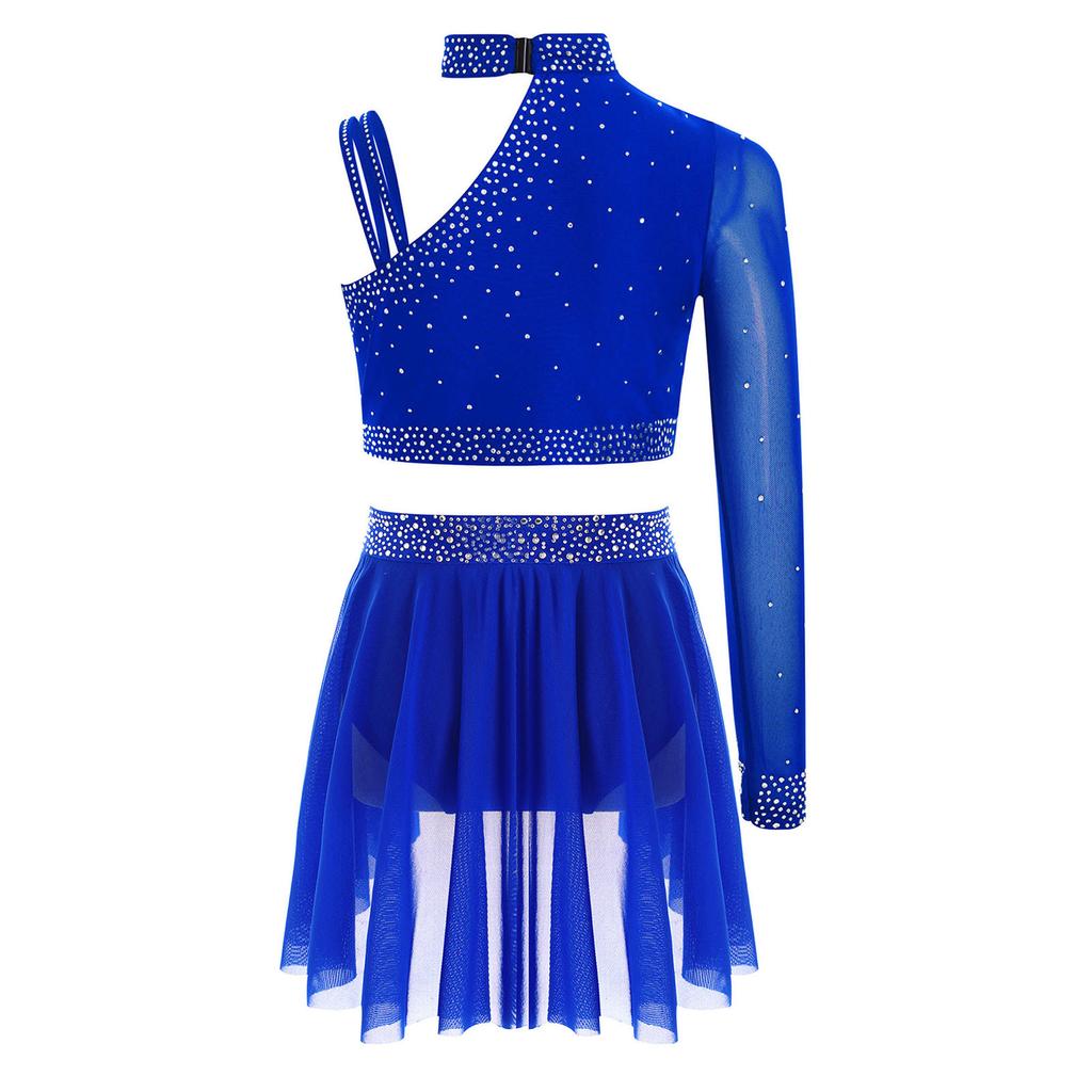 Girls Sparkly Rhinestones Crop Top Ruched Irregular Dance Skirt Figure Skating Gymnastics Set