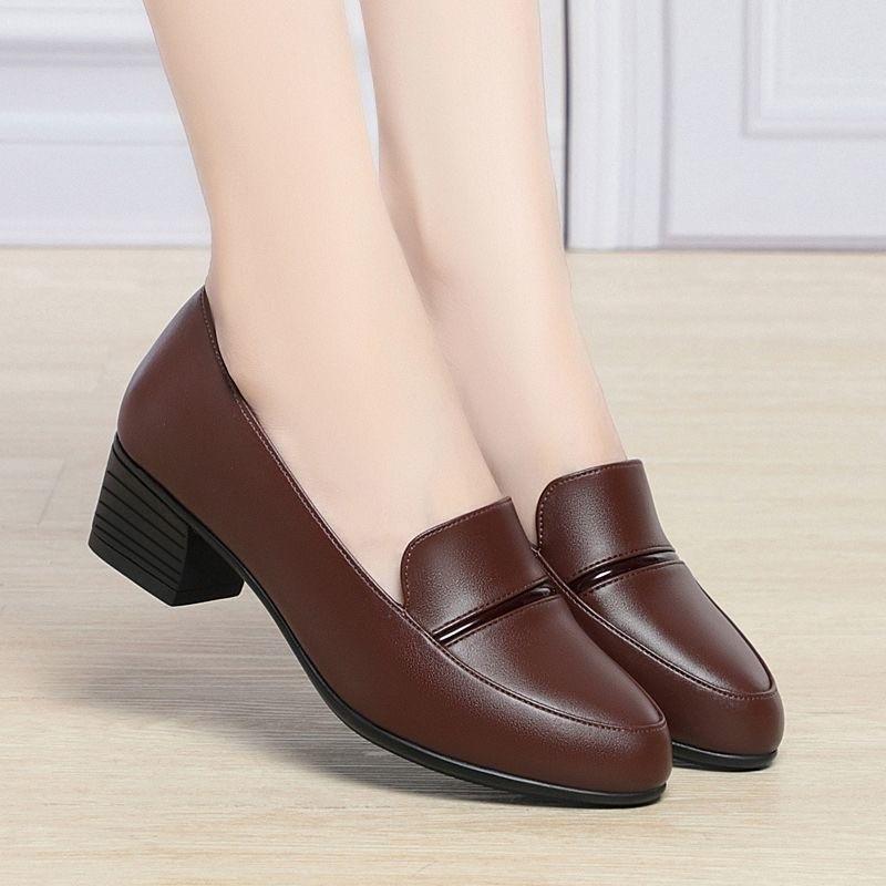 Autumn Thick Heel Middle Old Middle Heel Women's Leather Shoes Single Shoes Soft Leather Comfortable High Heel Single Shoes