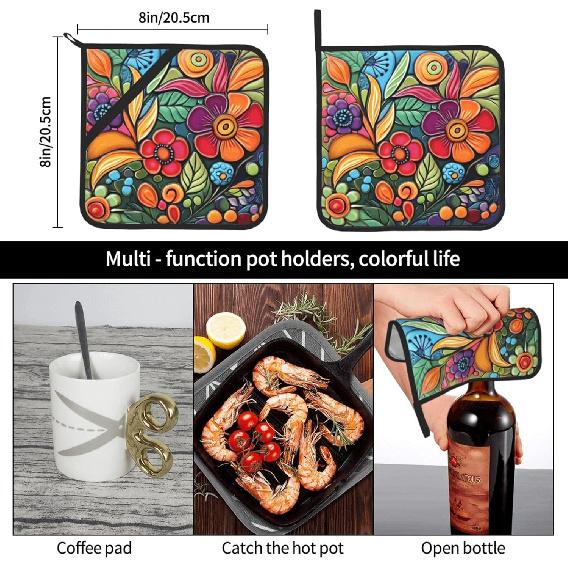 Colorful Boho Florals Pot Holders Set of 2 Kitchen Decorative Heat Resistant Potholder Cotton Lining Oven Hot Pads for Cooking Baking Microwave Oven