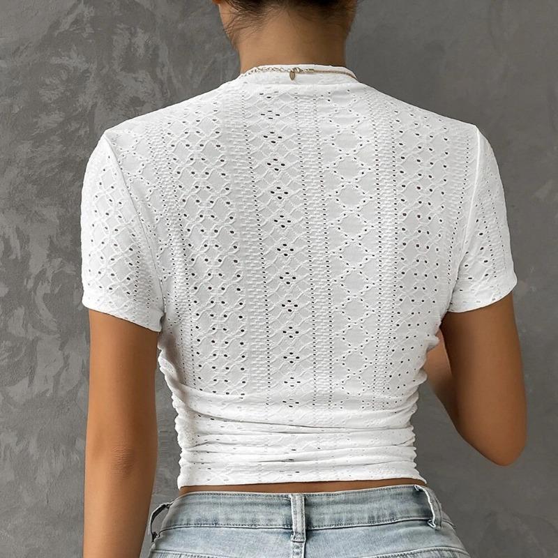 IHUASU Women's Slim T-shirt Solid Colour Spice Girls Hollow Out Navel Short Small Shirt