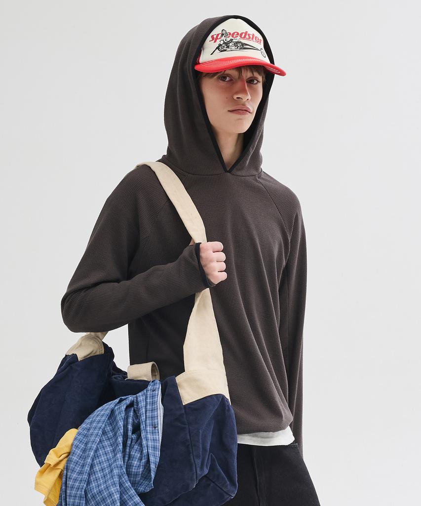 Ribbed Hooded Long Sleeve T-Shirt [Charcoal]
