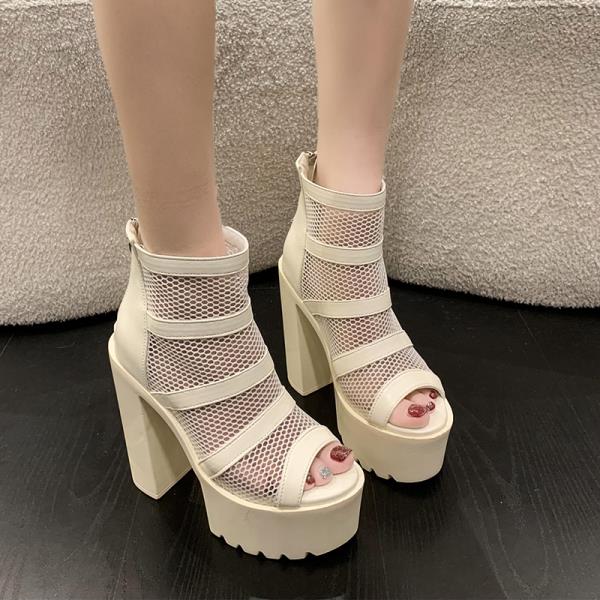 Fashion Shoes 2025 Sandals Block Heels All-Match Suit Female Beige Lace Denim Women's Open Toe New Boot Chunky Black High Summer Peep