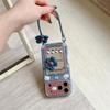 Denim Texture Mirror Card Holder Phone Case for iPhone 17pro, 16pro, 15pro, 14p with Kiki Cat Design and Lanyard