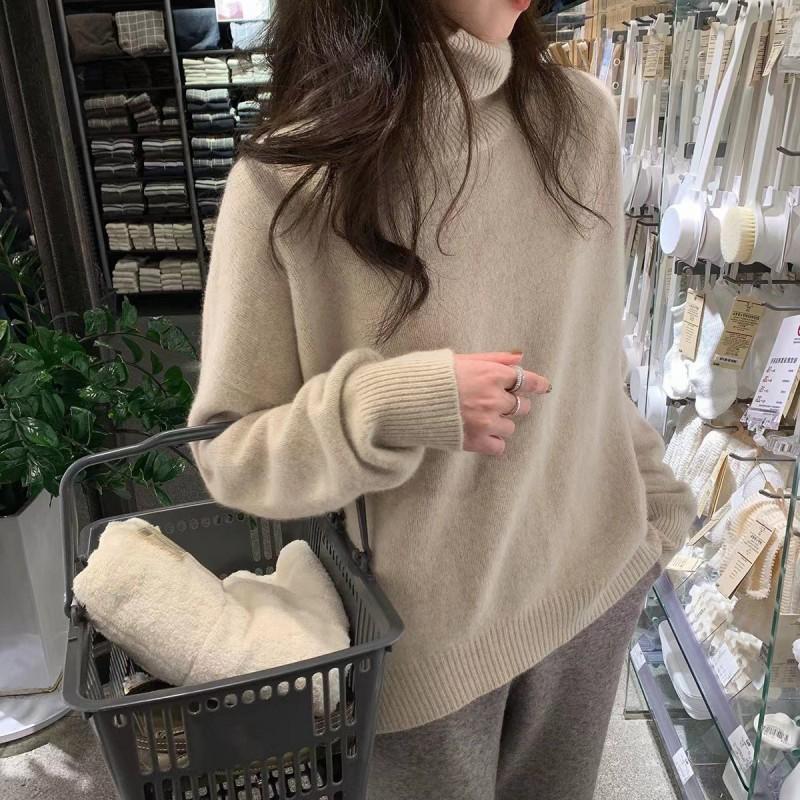 Womens Lazy Style High Neck Solid Color Knit Sweater Soft Warm Casual Top Daily Wear