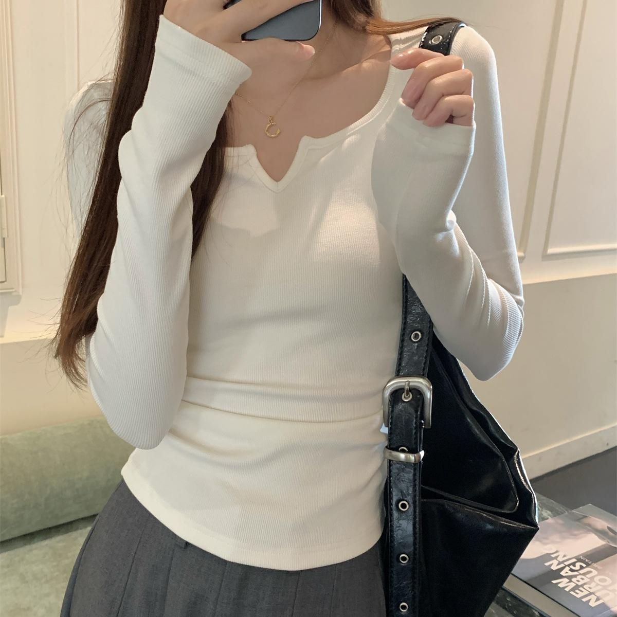 

Sweet and spicy style small collar pleated and thin card waist top women s early spring temperament bottoming shirt long-sleeved T-shirt tide XL белый