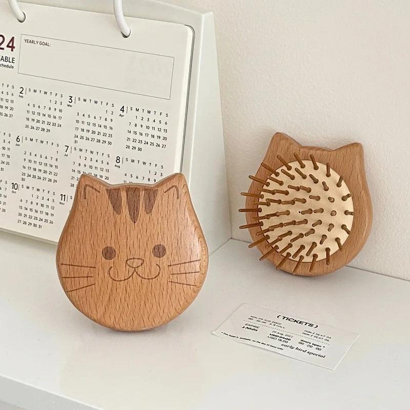 

Portable Mini Cute Cat Inflatable Comb Small Elm Wood Compact round Hair Massage Comb Women s Stylish Professional Salon Brush