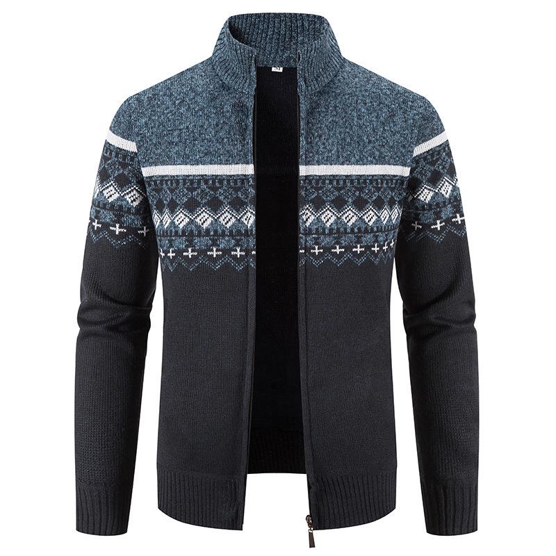 Men's Autumn/Winter Zipper Cardigan: Plus Velvet, Thickened Knit Sweater with Stand Collar - Handsome Style
