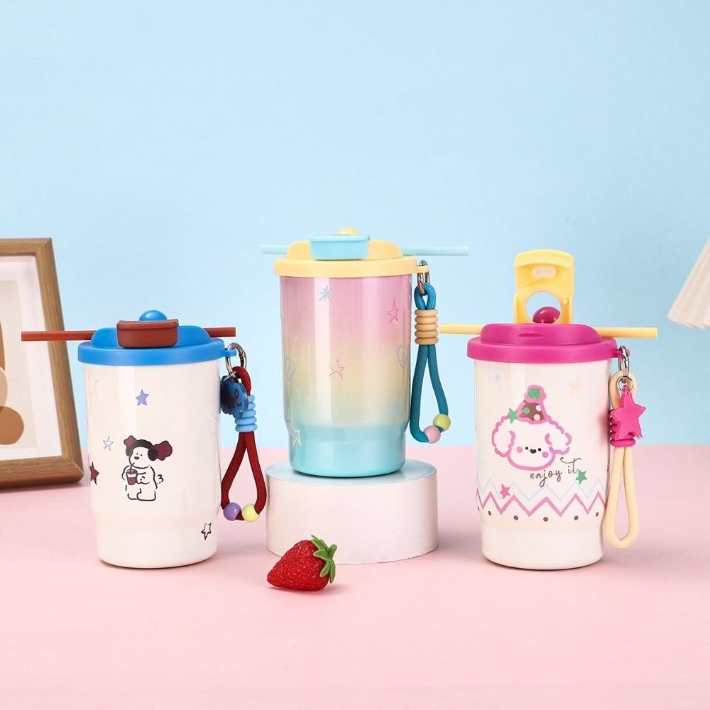 Stainless Steel Double Drink Insulated Cup Cartoon Coffee Cup Portable Vacuum Straw Cup  Camping