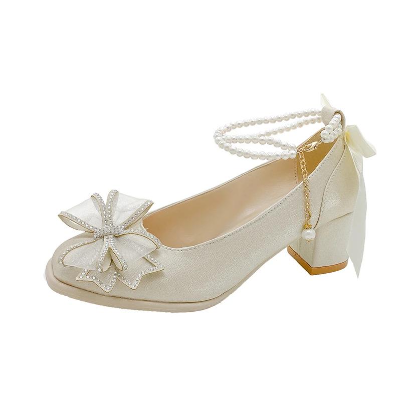 Fashion Elegant Pearls Ankle Strap Pumps Women Spring 2025 Square Toe Crystal Buckle Mary Janes Woman High Heels Party Wedding Shoes 40