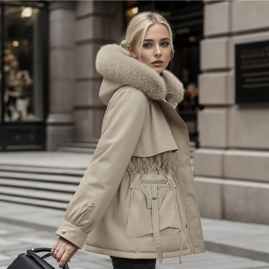 Women's Winter Detachable Fur Collar Parka, Short Hooded Waist-cinched Warm Coat With Pockets