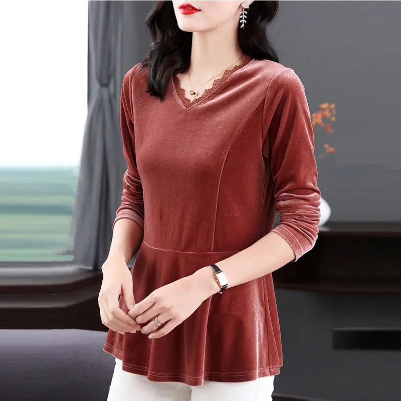 Tops Women's Autumn and Winter Warm Comfortable V-Neck Shirt Long Sleeve T-shirt Loose Casual Pullover Top